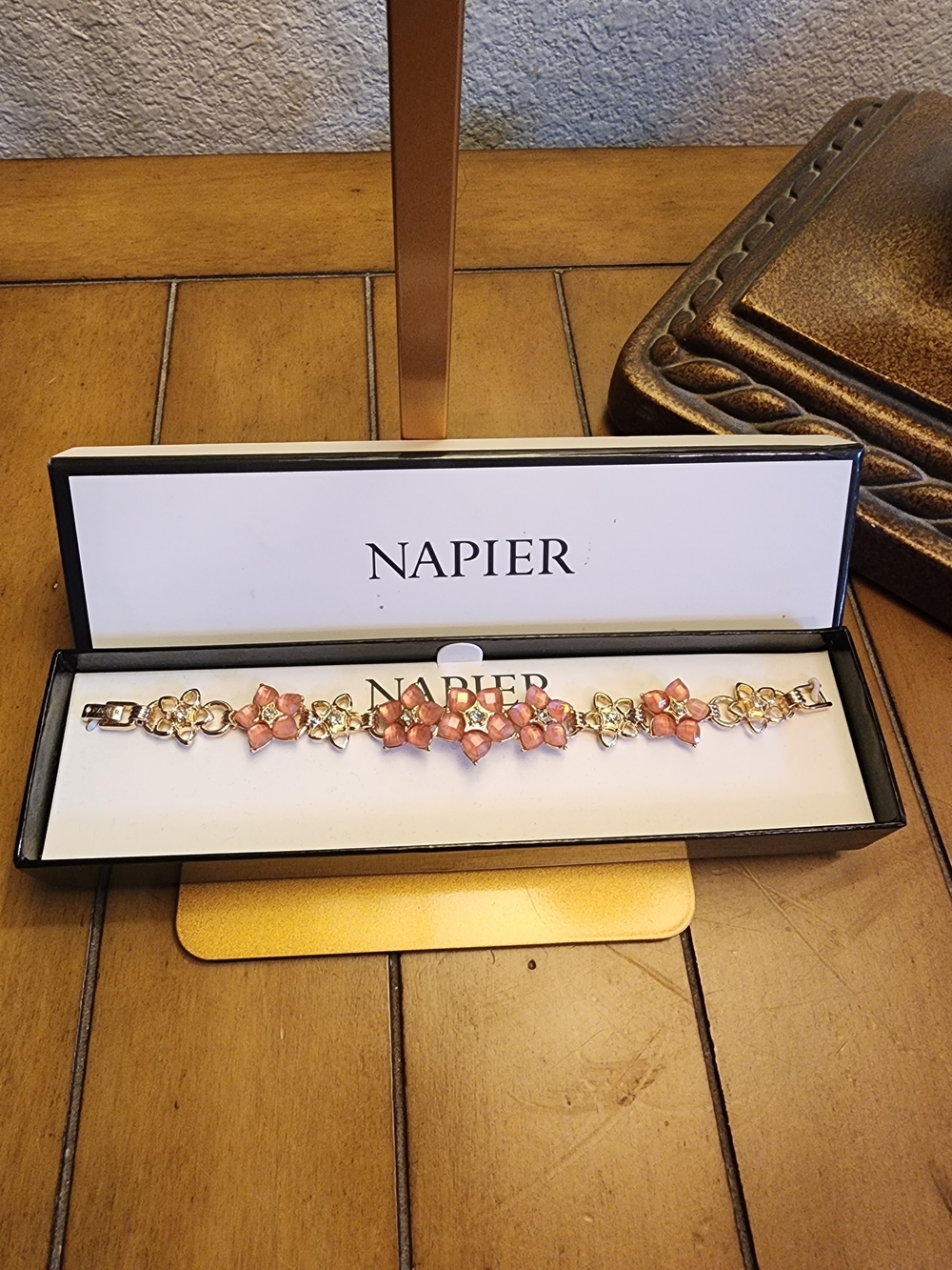 Napier Gold-Tone Bracelet with Pink Floral Accents